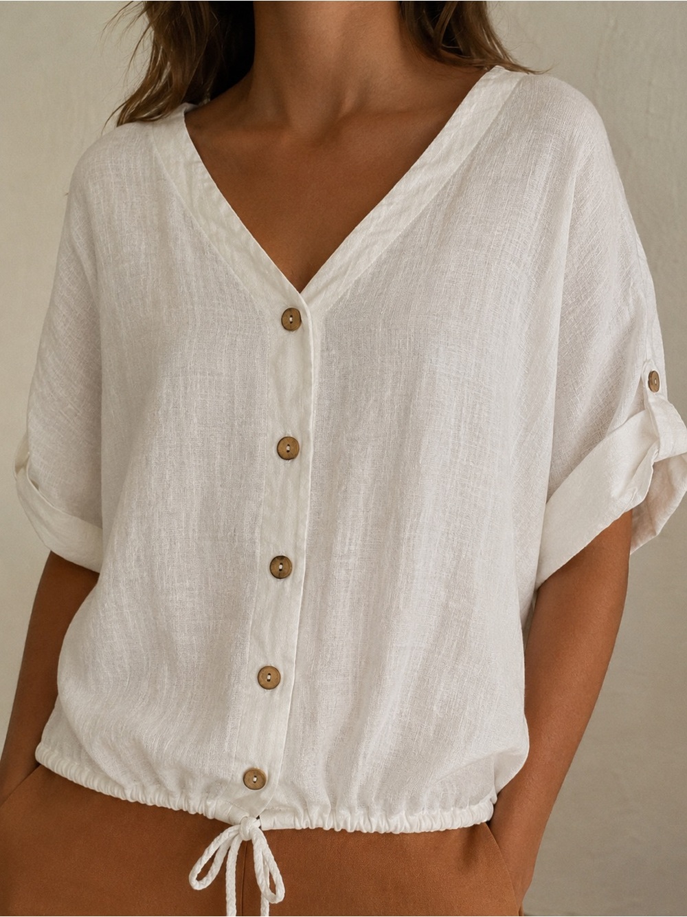 Cherish White Linen Button Front Top Made in Italy Oversized Boho S/M